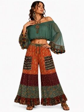 Hippie Forever Handmade Patchwork Palazzo Pants Womens SZ OS Dreamy Forest Fairy